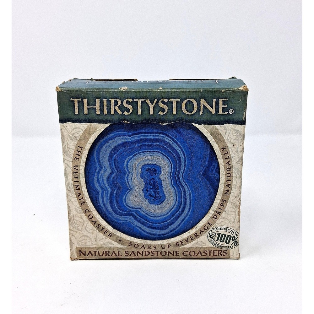 Vintage Thirstystone Sandstone 4 Coaster Set Blue Agate Slice Design in Box